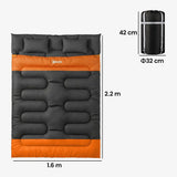 Outsunny Double Sleeping Bag with 2 Pillows – 220 x 160 cm Extra-Large Camping Bag for Adults, Grey and Orange