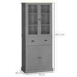 HOMCOM 180cm Tall Kitchen Pantry Cupboard with Glass Doors, 5 Tiers, Adjustable Shelves & Drawer – Freestanding Storage Cabinet, Grey