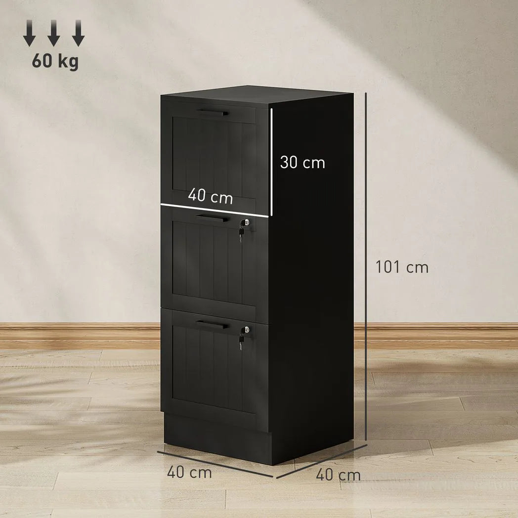 HOMCOM 3 Drawer Lockable Filing Cabinet with Adjustable Hanging Bars for A4 & Letter Files, Black