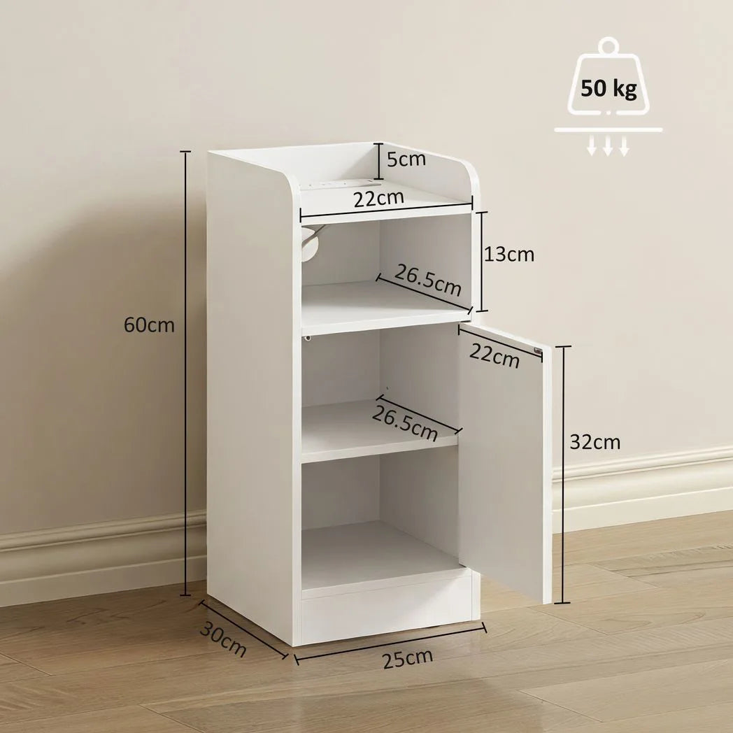 HOMCOM Slim Bedside Table Set of 2 with Charging Station and Adjustable Shelf – Narrow Cabinets, White