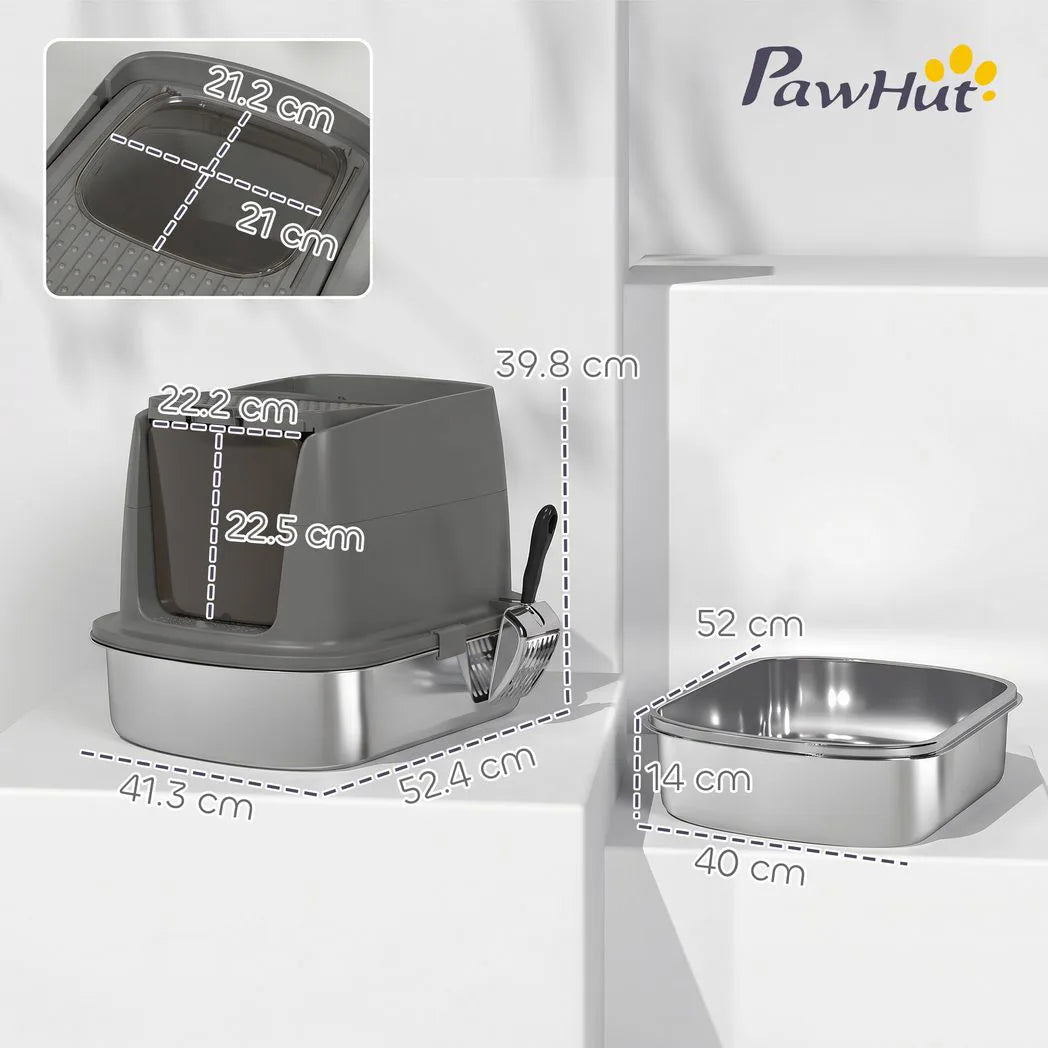 PawHut Large Stainless Steel Cat Litter Box with Lid, Scoop and Deodoriser Bag – Front Entry, Top Exit