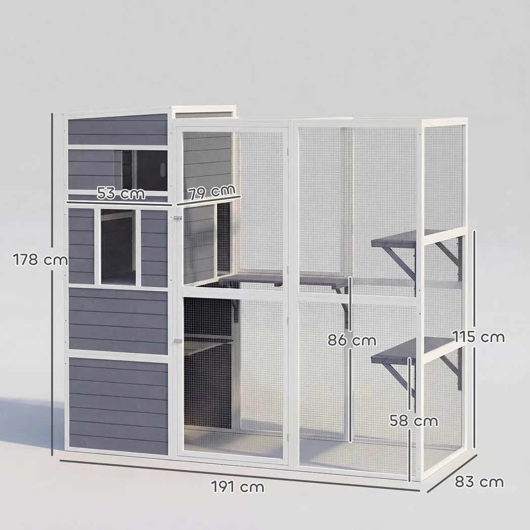 PawHut 4-Tier Wooden Catio Outdoor Cat Enclosure with Sun Roof, Resting Rooms, 3 Platforms & Window, Grey