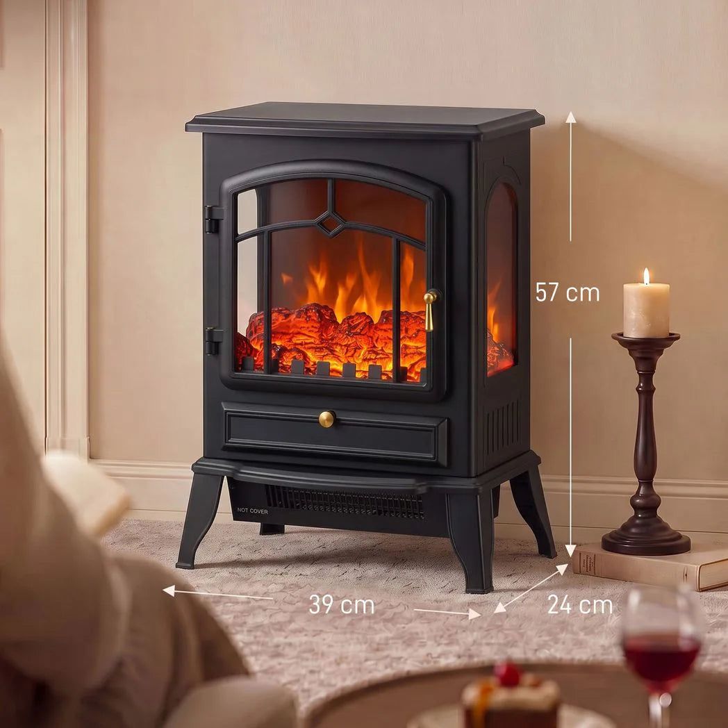 HOMCOM 3-Sided Electric Fireplace Stove, 1000W/2000W Freestanding Heater with 3D Flame Log – Black