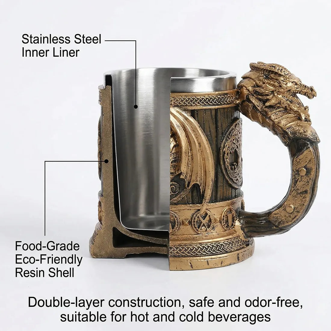 Viking Stainless Steel and Resin Tankard, 550ml Nordic Beer & Coffee Mug – Retro Drinking Cup with Spoon