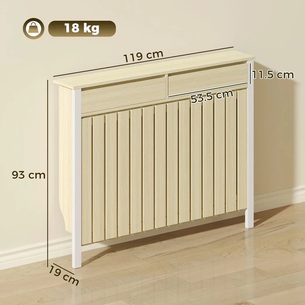 HOMCOM Rustic-Look Radiator Cover with Top Drawers, 93 x 119cm – Slimline Heater Guard, Oak