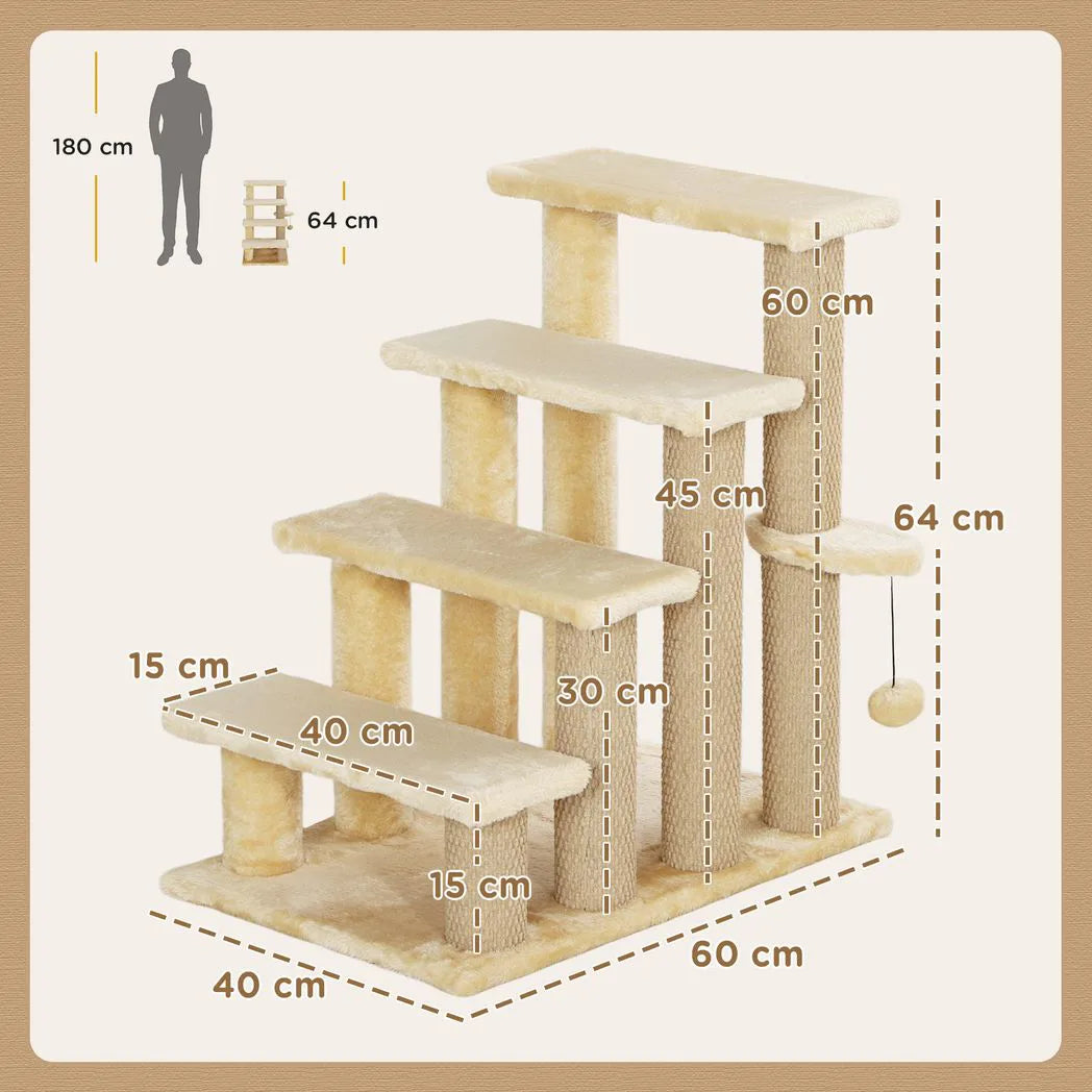 PawHut 4-Step Cat Stairs with Scratching Posts, Platform and Toy Ball – Pet Steps, Beige
