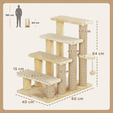 PawHut 4-Step Cat Stairs with Scratching Posts, Platform and Toy Ball – Pet Steps, Beige