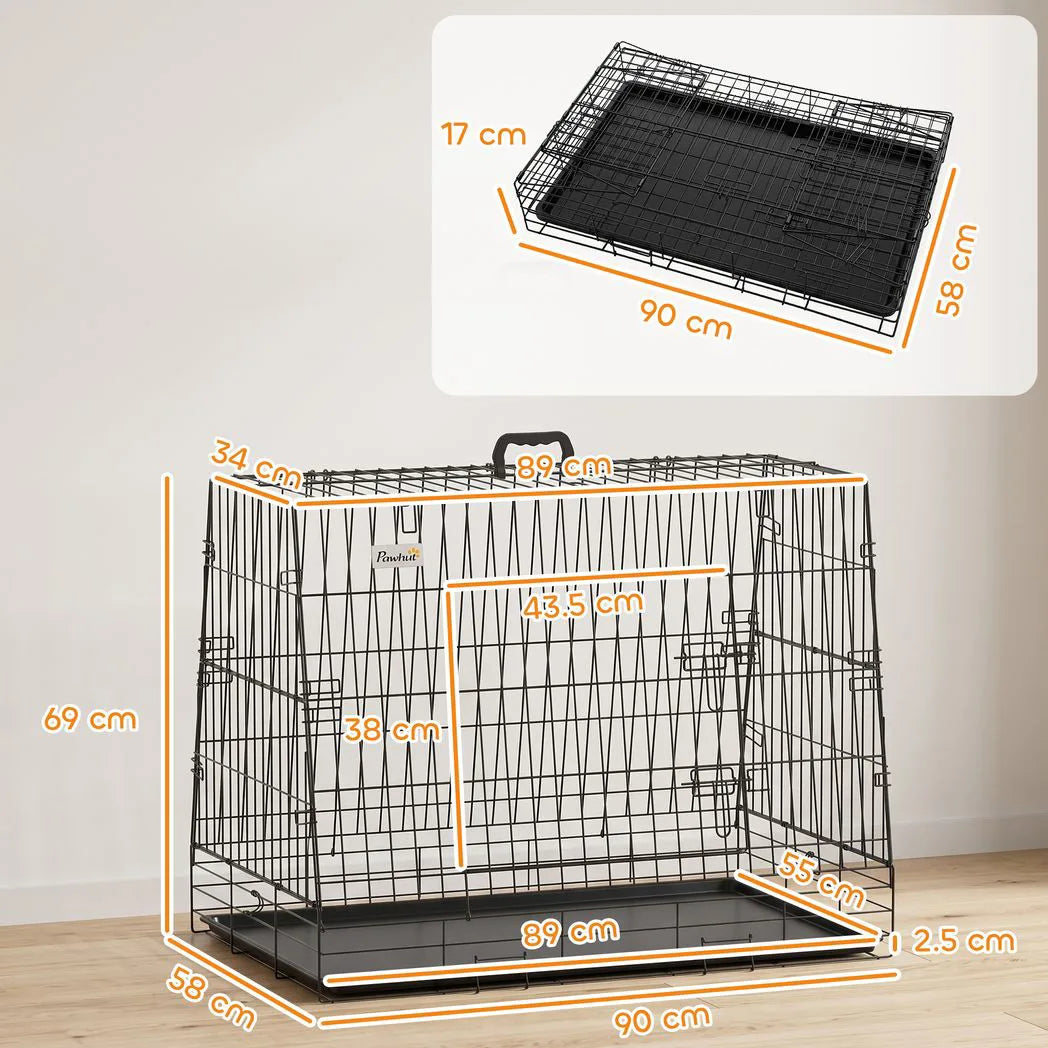 PawHut 90 cm Collapsible Slanted Car Dog Crate with Tray – Foldable Travel Cage for Medium to Large Dogs