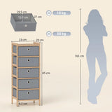 HOMCOM 5-Drawer Narrow Chest of Drawers with Fabric Drawers & Bamboo Frame – Slim Storage, Light Grey