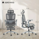 HOMCOM Ergonomic High Back Mesh Office Chair with 6D Armrests and 135° Recline – Footrest Desk Chair, Grey