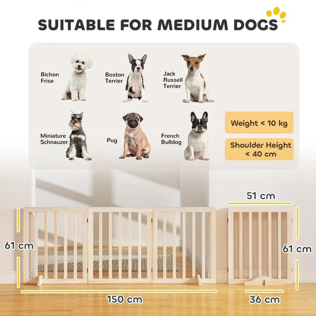 PawHut Wooden Freestanding Dog Gate with 3 Folding Panels and 2 Support Feet – Indoor Pet Barrier, Natural