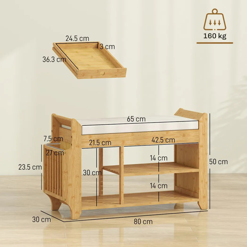 HOMCOM Bamboo Shoe Bench with Boot Section & Cushioned Seat, 80 x 30 x 50 cm – Natural & Cream