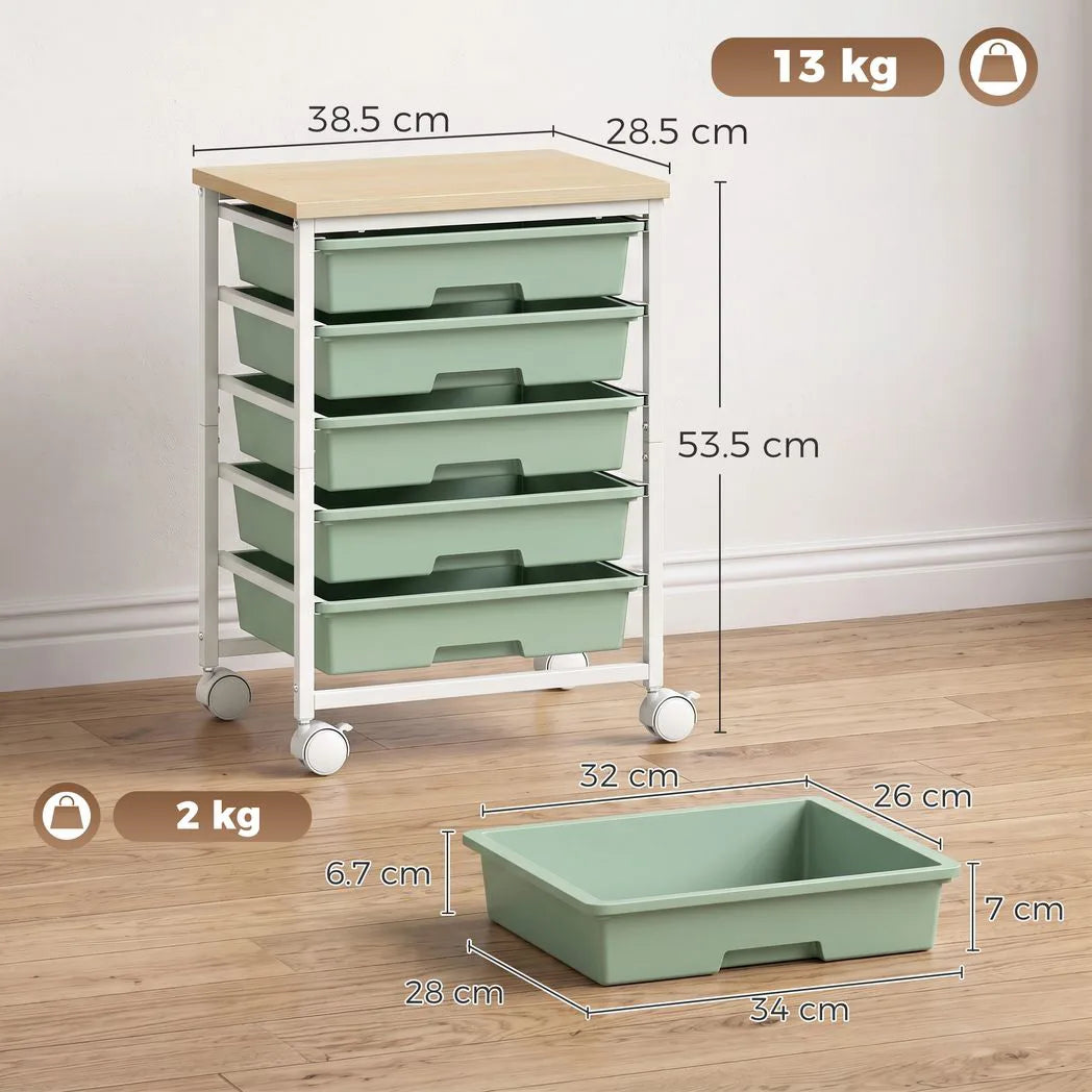 HOMCOM 6-Tier Storage Trolley on Wheels with 5 Pull-Out Drawers – Metal Kitchen Rolling Cart, Green