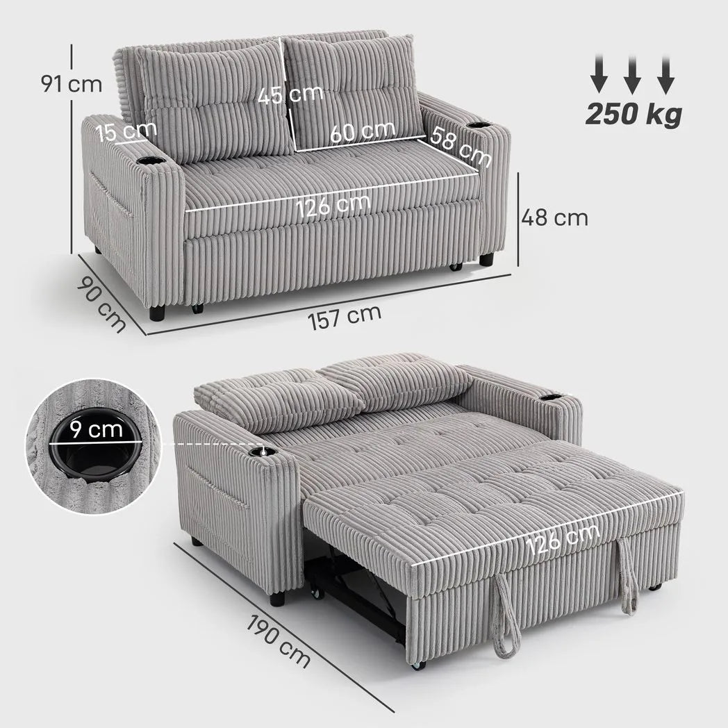 HOMCOM 2 Seater Click Clack Sofa Bed with Pull-Out Design and Cup Holders – Corduroy Upholstery, Light Grey