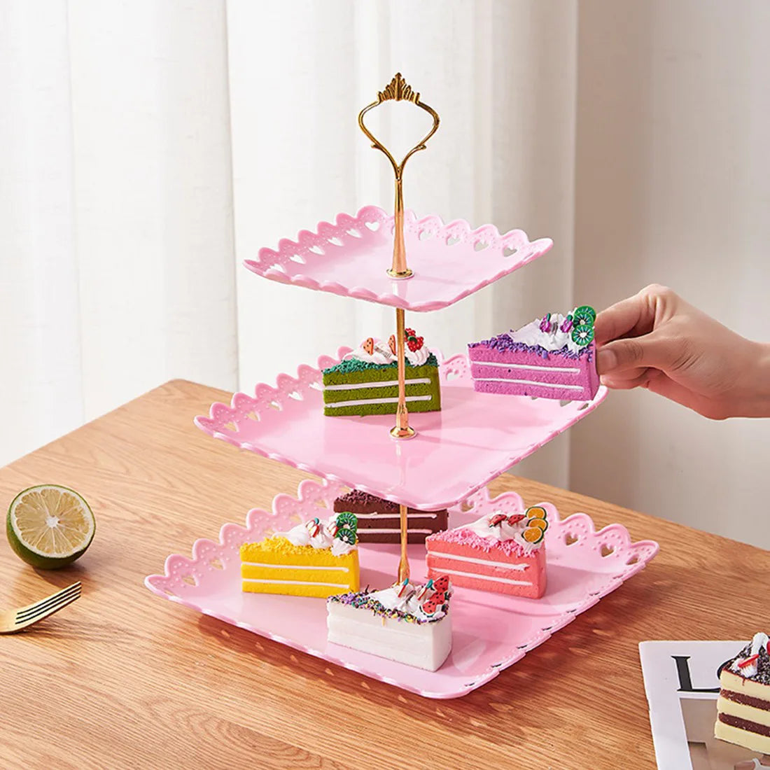 6-Piece Tiered Cake Stand Set for Afternoon Tea, Weddings & Parties – Embossed-Style Plastic Dessert Display, Pink