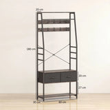 HOMCOM Industrial Hall Tree Coat Rack with Shoe Bench, 10 Removable Hooks, 2 Fabric Drawers and Clothes Rail – Grey