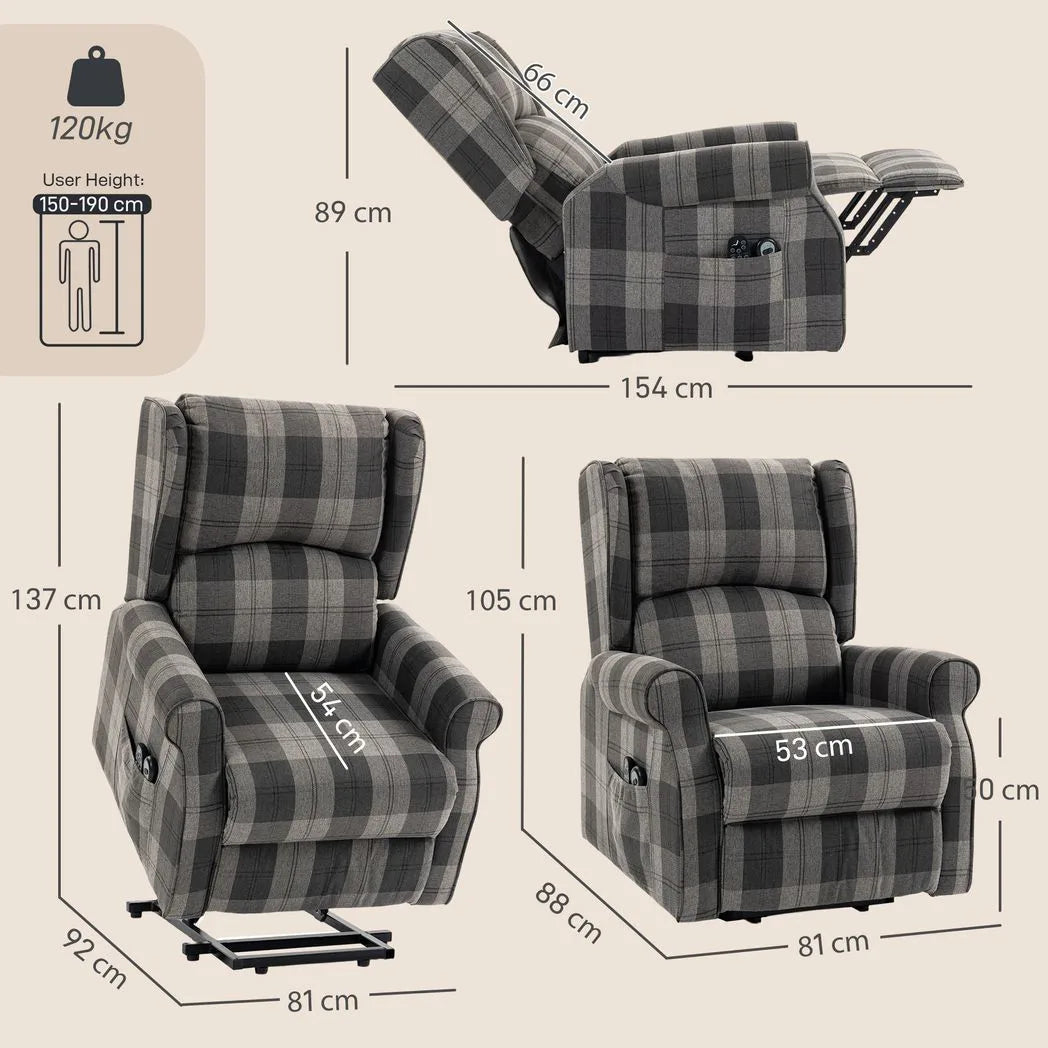 HOMCOM Power Lift Recliner Chair with Vibration Massage and Heat – Electric Riser Chair with Remote, Grey Check