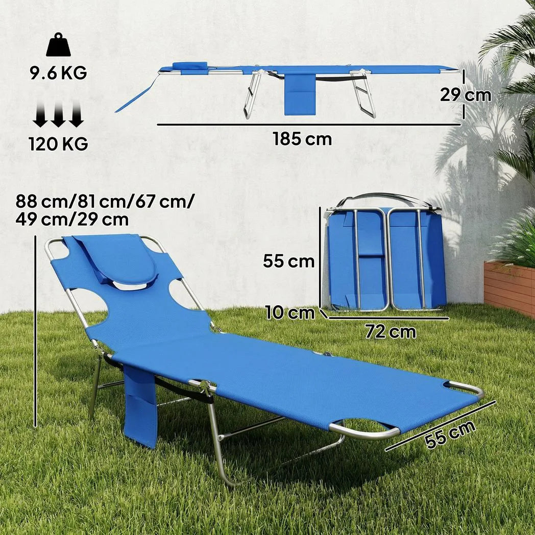 Outsunny Set of 2 Folding Sun Loungers, 5-Position Adjustable with Face Hole and Side Pocket, Blue