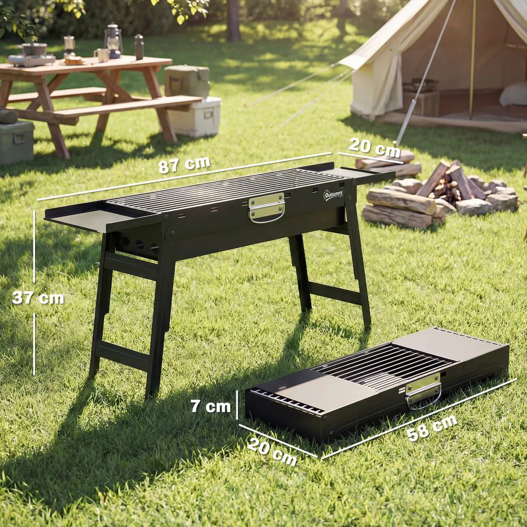 Outsunny Portable Folding Charcoal BBQ Grill with 2 Side Shelves and Handle – Camping and Picnic Barbecue, Black