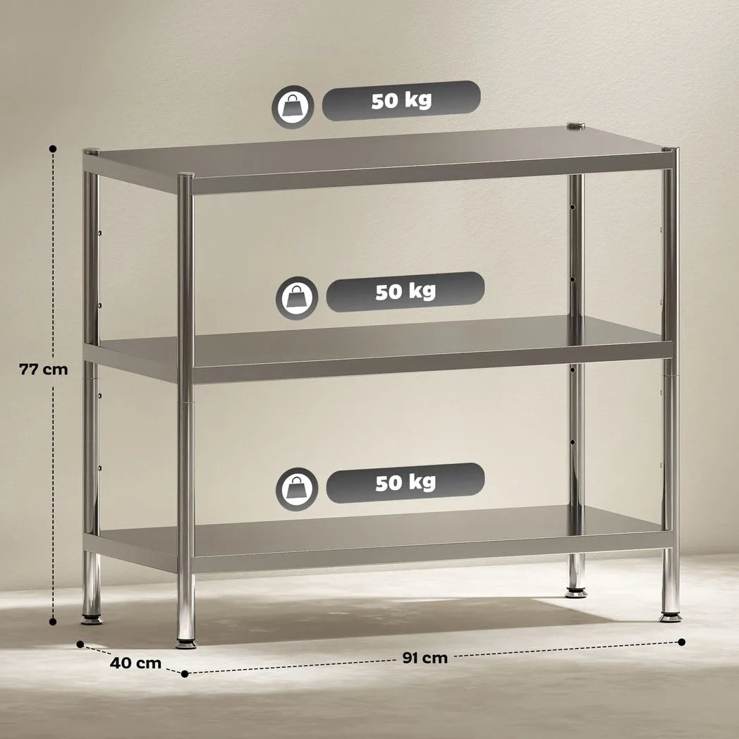 HOMCOM 3-Tier Stainless Steel Bakers Rack with Adjustable Shelves – Microwave Stand and Kitchen Storage, Silver