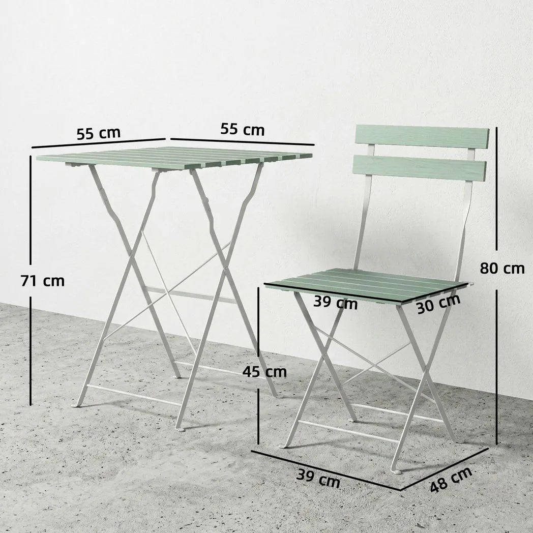 Outsunny 3-Piece Folding Bistro Set, 2 Chairs & Table – Metal and Acacia Wood Patio Furniture, White/Green