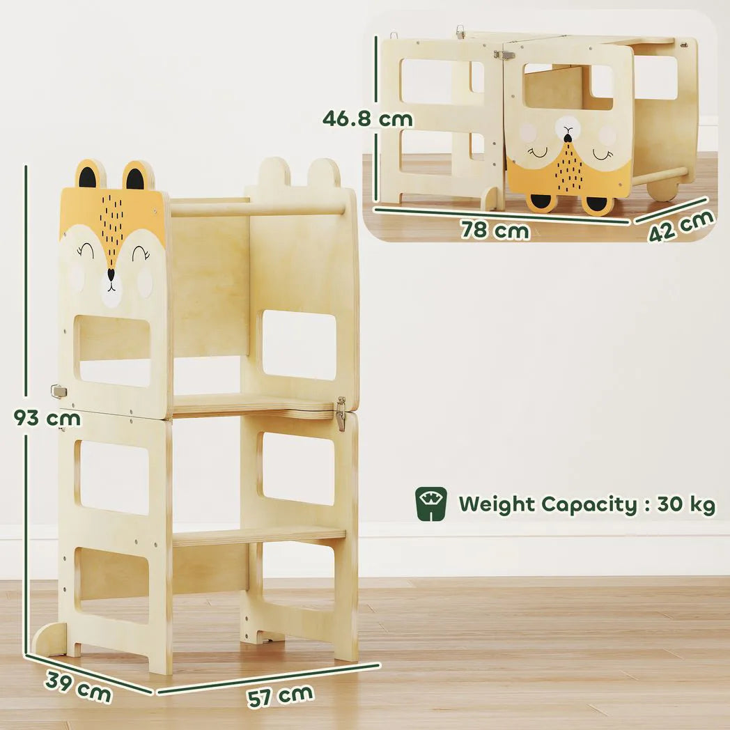 AIYAPLAY 3-in-1 Toddler Step Stool with Chalkboard – Fox-Shaped Standing Tower for Kitchen Counter, Natural