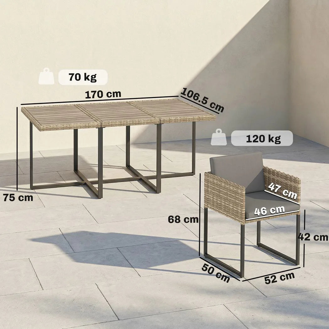 Outsunny 7 Piece Rattan Garden Dining Set with Wood-Plastic Table and 6 Stackable Chairs – Light Brown