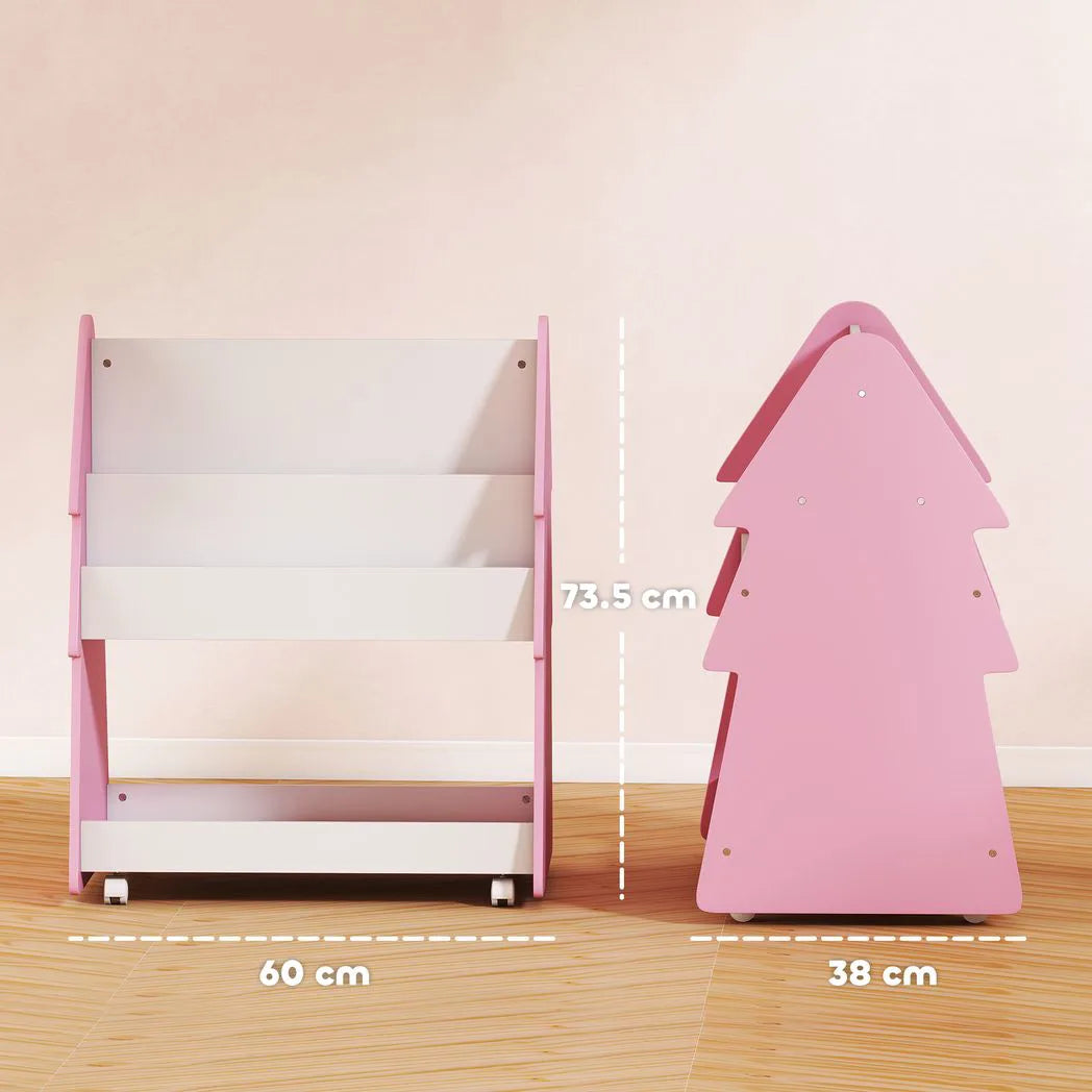 AIYAPLAY Kids Bookshelf with Toy Storage, Double-Sided 3-Tier Bookcase on Wheels – Bedroom Book Rack, Pink