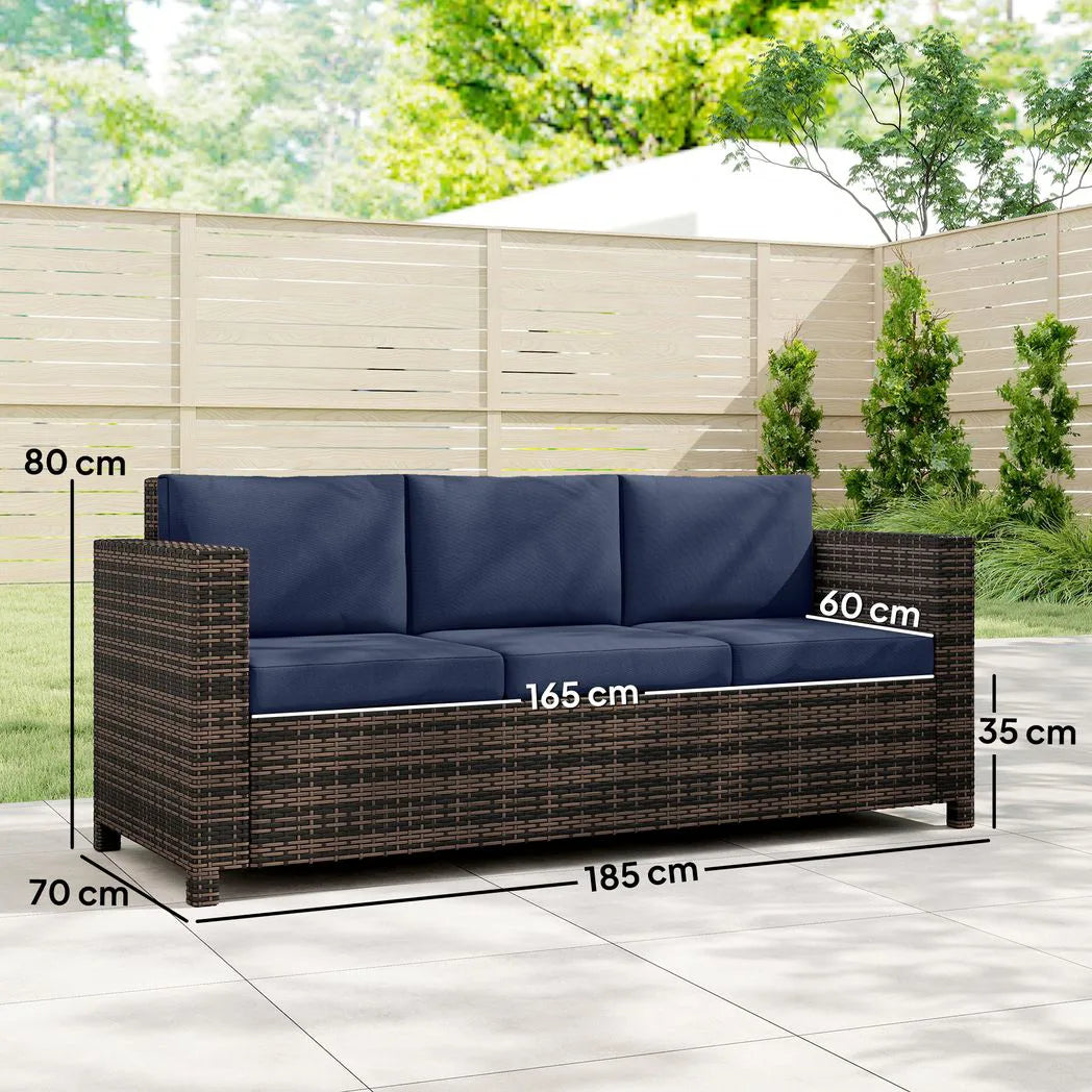 Outsunny 3-Seater Rattan Garden Sofa – Weather-Resistant Outdoor Sofa with Cushions, Dark Blue