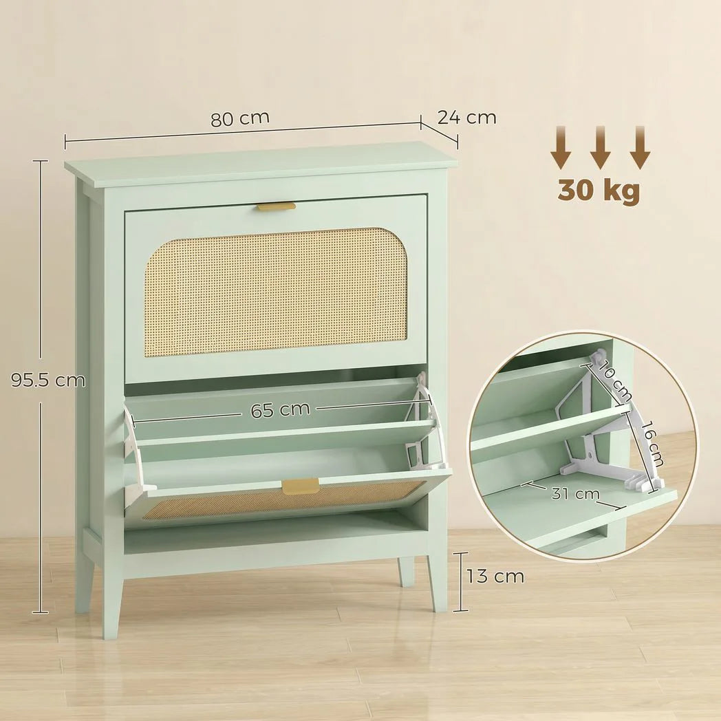 HOMCOM Boho Slim Shoe Cabinet with 2 Flip Drawers and Rattan-Accent Doors – Holds 14 Pairs, Light Green