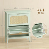 HOMCOM Boho Slim Shoe Cabinet with 2 Flip Drawers and Rattan-Accent Doors – Holds 14 Pairs, Light Green