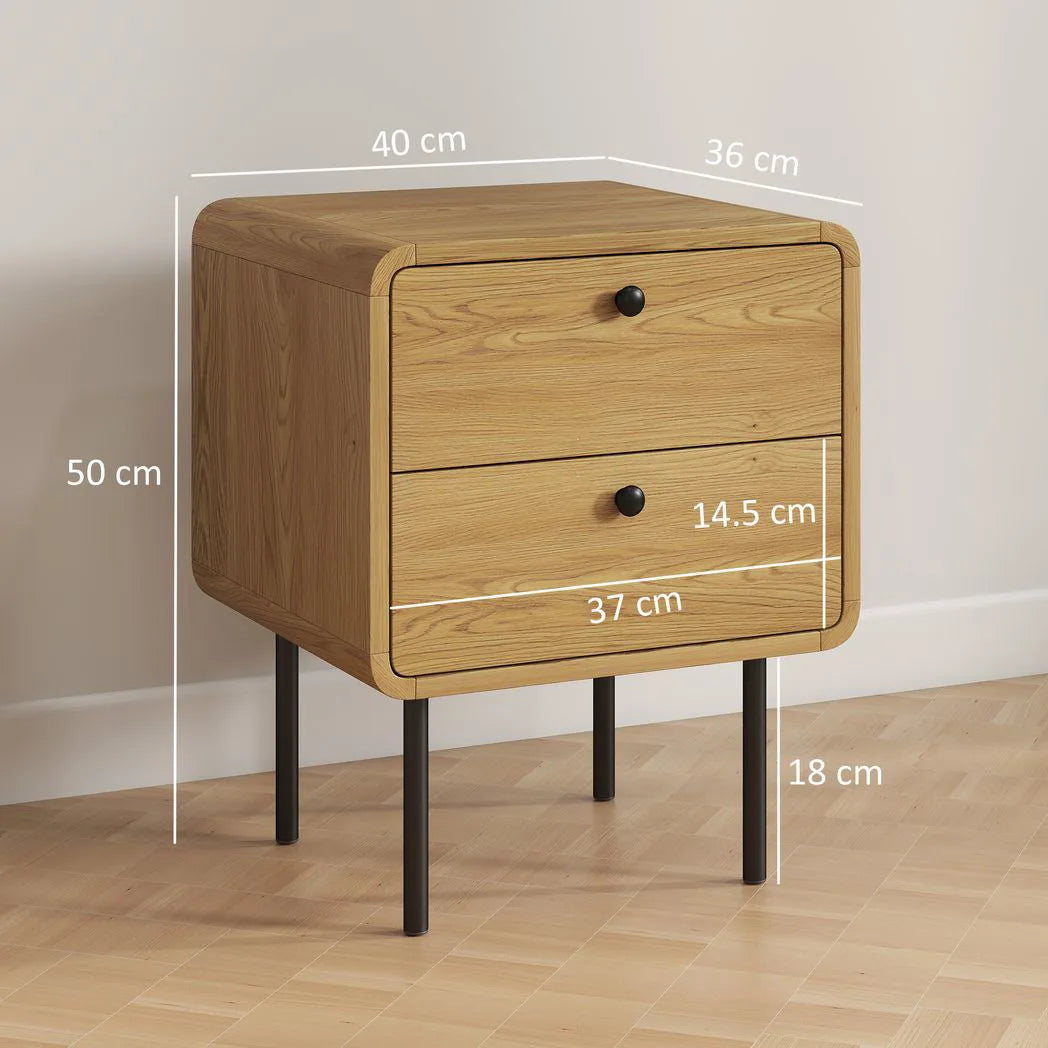 HOMCOM Bedside Table with 2 Drawers and Steel Legs – Rounded Nightstand for Bedroom and Living Room, Oak