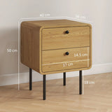 HOMCOM Bedside Table with 2 Drawers and Steel Legs – Rounded Nightstand for Bedroom and Living Room, Oak