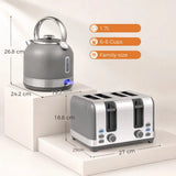 HOMCOM 1.7L 3000W Stainless Steel Kettle and 4-Slice Toaster Set with 7 Browning Levels – Cordless Fast Boil, Grey