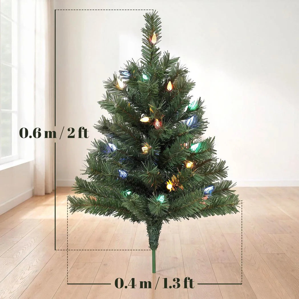 HOMCOM Set of 2 Pre-Lit 60 cm Outdoor Christmas Trees with Ground Stakes and 60 Multicolour LEDs, Green