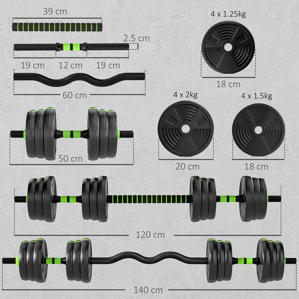 SPORTNOW 20 kg 3-in-1 Adjustable Dumbbell & Barbell Set with EZ Curl Bar – Home Gym Weights, Green