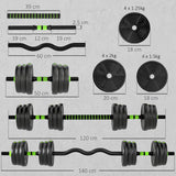 SPORTNOW 20 kg 3-in-1 Adjustable Dumbbell & Barbell Set with EZ Curl Bar – Home Gym Weights, Green