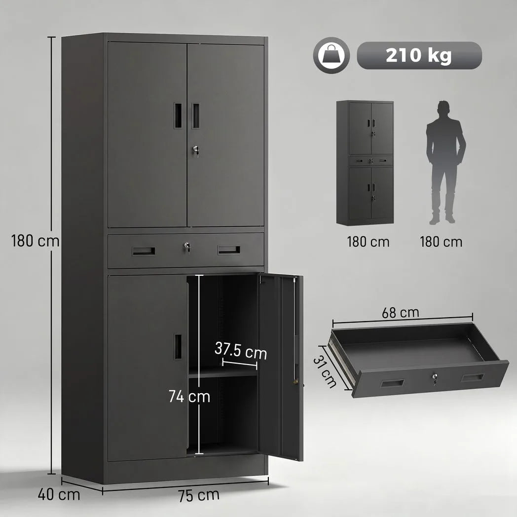 HOMCOM Metal Storage Cabinet with Locking Doors, Drawer & Adjustable Shelves – 180cm Tall Garage Tool Cabinet, Black