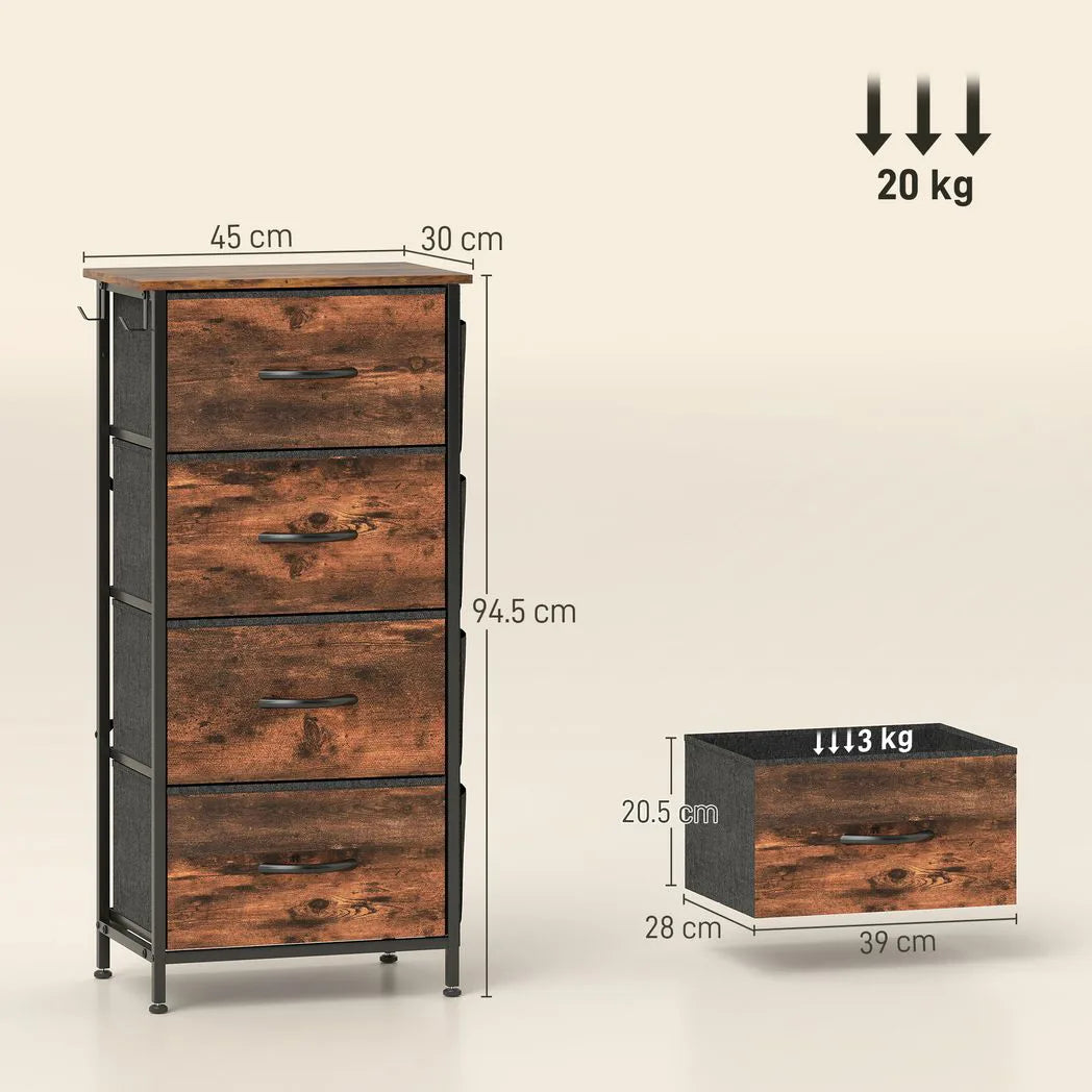 HOMCOM Four Fabric Drawer Chest with Steel Frame, Pockets and Anti-Tipping Kit – Rustic Brown