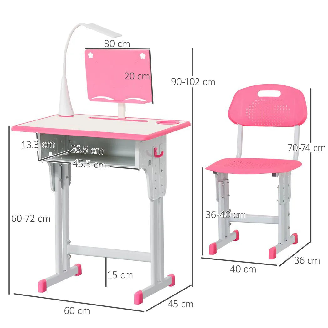 HOMCOM Kids Desk and Chair Set with Adjustable Height, Drawer & Book Stand – Study Table, Ages 6-12, Pink