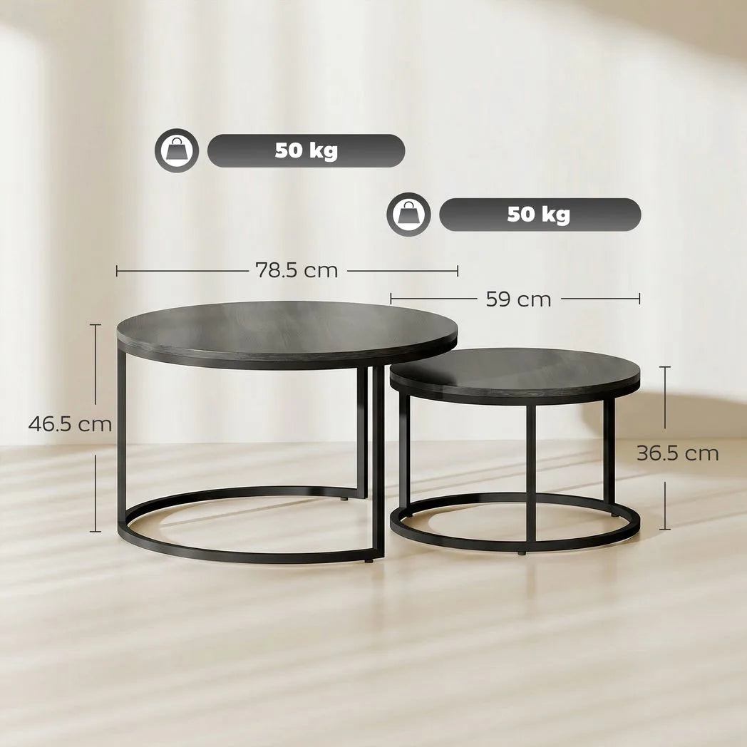 HOMCOM Set of 2 Round Nesting Coffee Tables with Wood-Effect Top & Steel Frame – Stacking Side Tables, Black