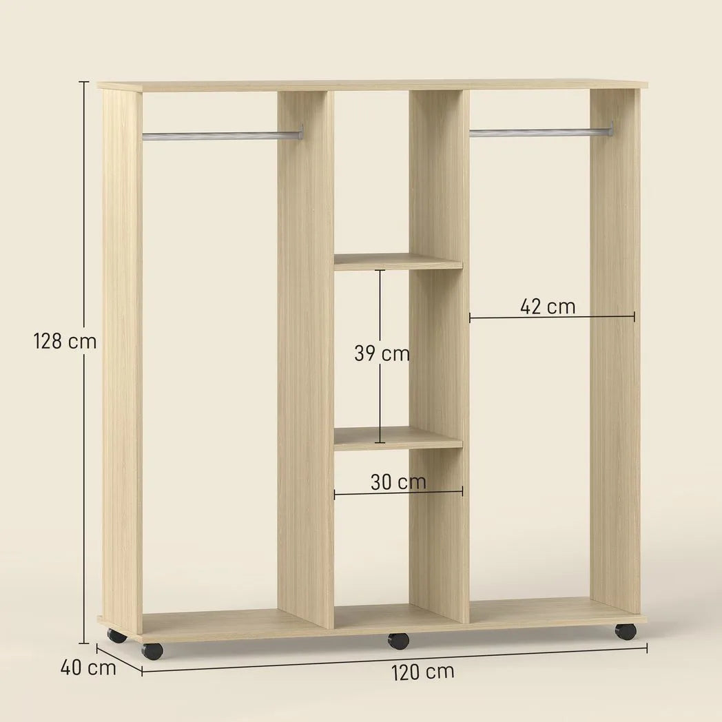 HOMCOM Mobile Open Wardrobe with Double Hanging Rails, 3 Shelves and 6 Wheels – Clothes Organiser, Natural