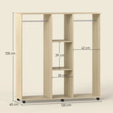 HOMCOM Mobile Open Wardrobe with Double Hanging Rails, 3 Shelves and 6 Wheels – Clothes Organiser, Natural