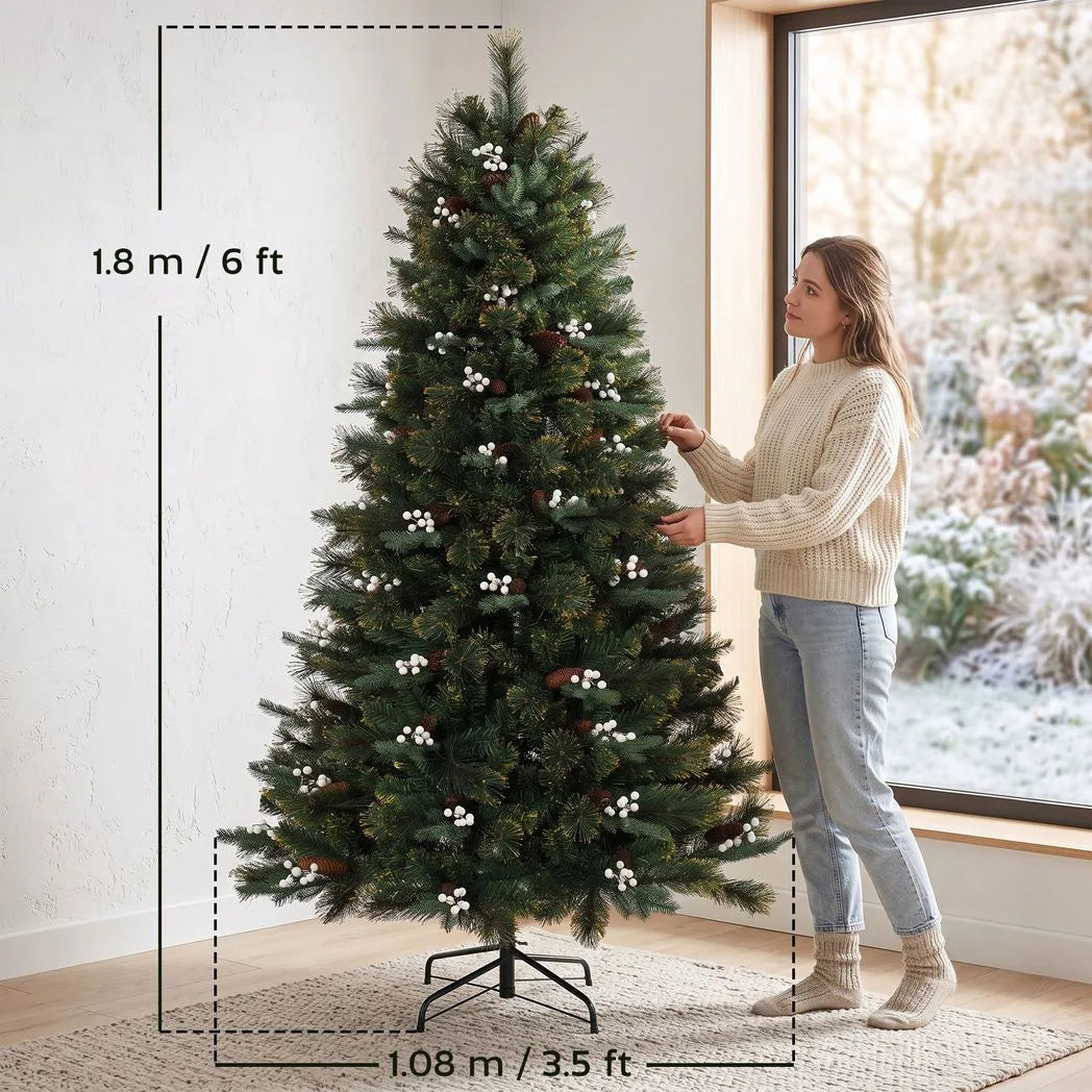 HOMCOM 6ft Pre-Decorated Hinged Christmas Tree with 716 Tips, Berries and Foldable Metal Stand, Green