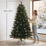 HOMCOM 6ft Pre-Decorated Hinged Christmas Tree with 716 Tips, Berries and Foldable Metal Stand, Green