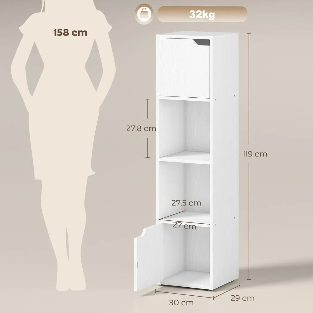HOMCOM Narrow 4-Tier Bookcase with Doors and Open Shelves, 30cm Slim Storage Cabinet – Living Room, White