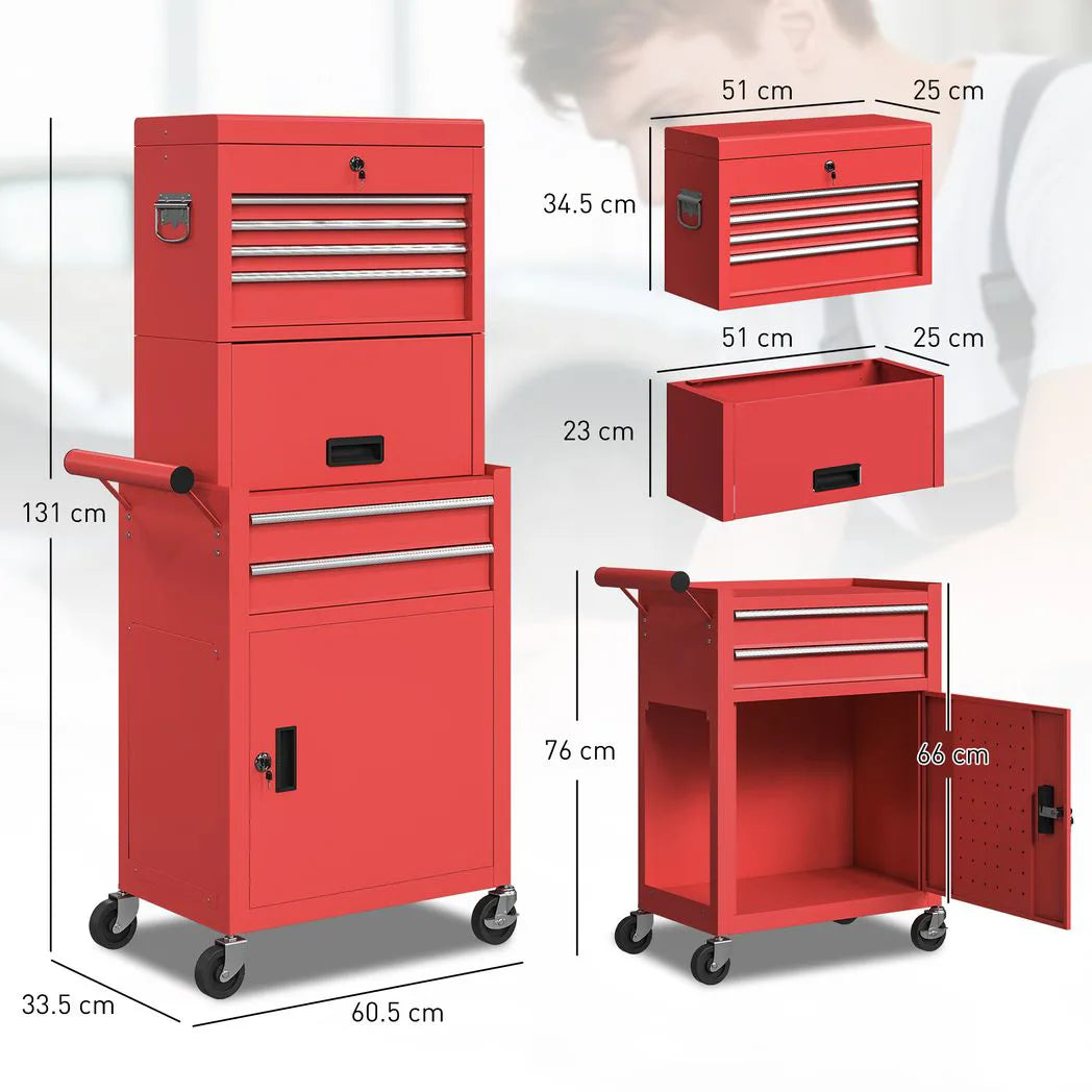 HOMCOM Three-Part Steel Locking Tool Chest with Wheels, 6 Drawers and Side Pegboard – Garage Storage, Red