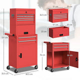 HOMCOM Three-Part Steel Locking Tool Chest with Wheels, 6 Drawers and Side Pegboard – Garage Storage, Red