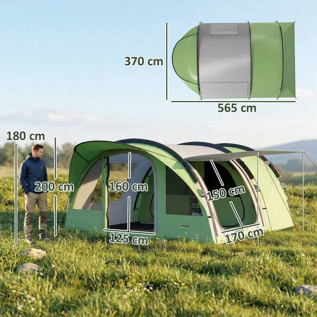 Outsunny 4 Person Family Camping Tent with 2 Rooms & Sewn-In Groundsheet – Waterproof Tunnel Tent, Green & Grey