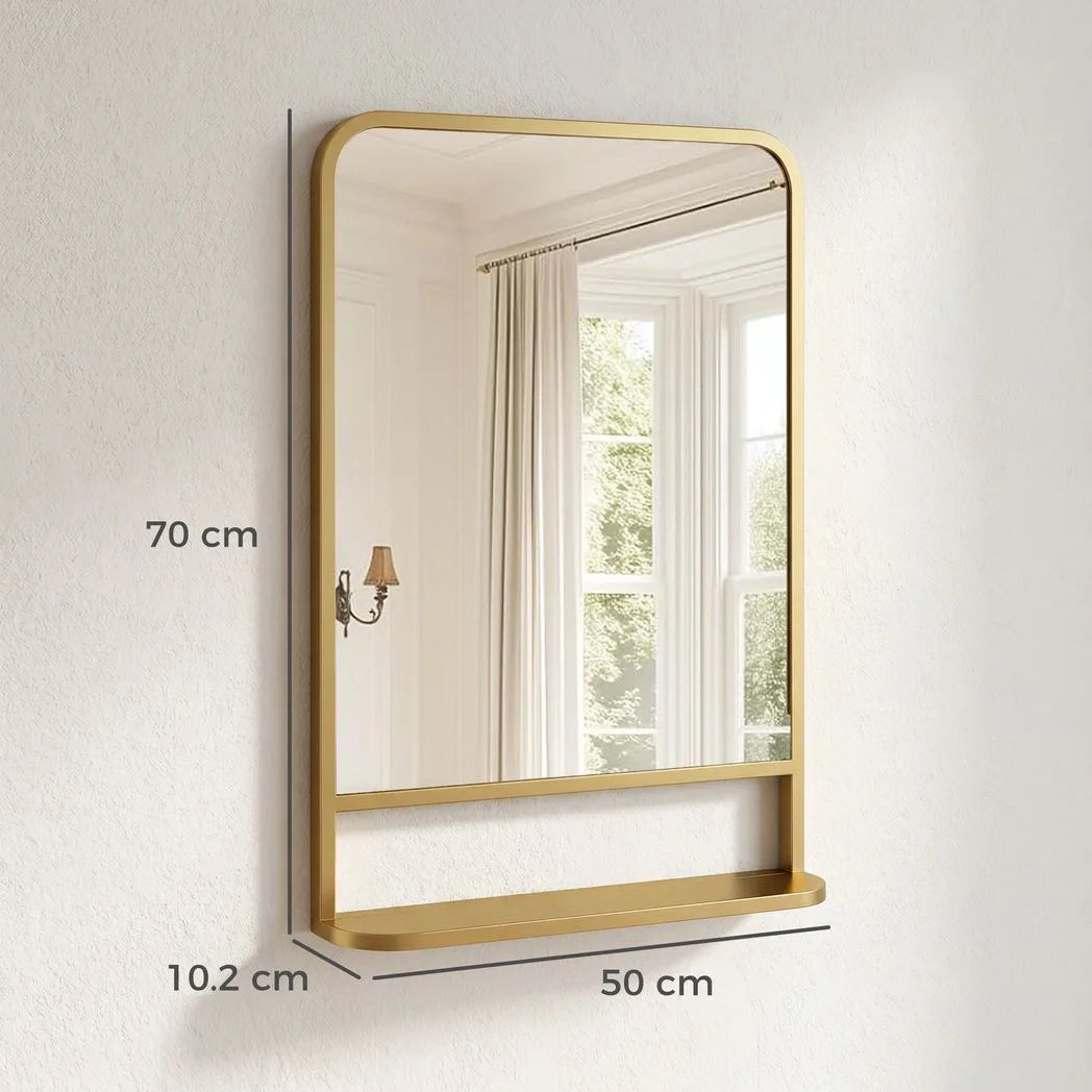 HOMCOM Modern Rectangular Wall Mirror with Storage Shelf, 70 x 50 cm, Gold Tone